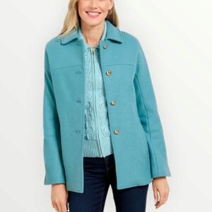 Talbots Womens M Aqua Blue Wool Blend Coat Italian‎ Fabric Gold Button Line